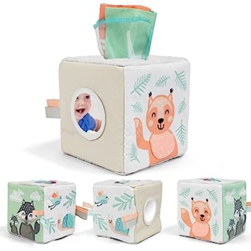 Fun Baby Tissue Box with Stimulating Mirror For Endless Entertainment - Soft Montessori Toy w/ Crinkle Paper & Fabric Tissues - The Perfect Sensory Toy For Newborn/Infant Development From 6-12+ Months