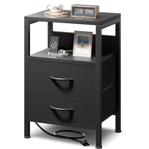 NightStand Bedside Charging Table Bedroom - Night Stand with Charger Station, Modern Nightstand with Open Shelf & 2 Fabric Drawers, Bed Side Table with USB-C USB Ports & AC Outlets for Dorm, Black
