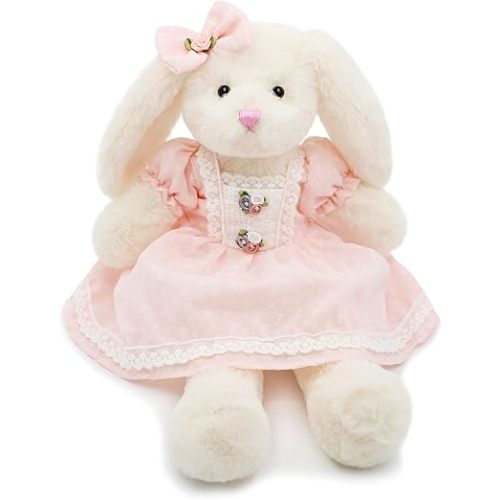 oits cute Small Soft Stuffed Animal Bunny Rabbit Plush Toy for Baby Girls 15inch (White Rabbit Wearing Pink Retro Dress)