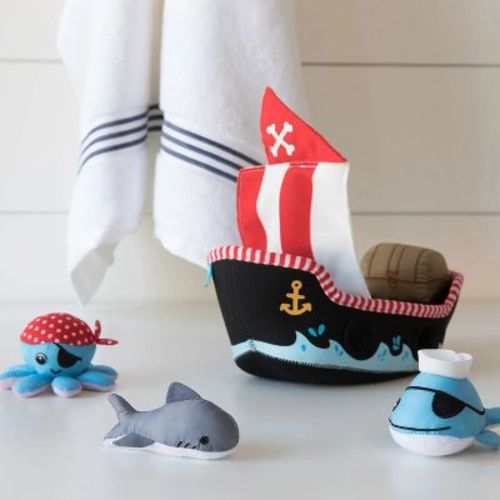 Manhattan Toy Neoprene Pirate Ship 5 Piece Floating Spill n Fill Bath Toy with Quick Dry Sponges and Squirt Toy