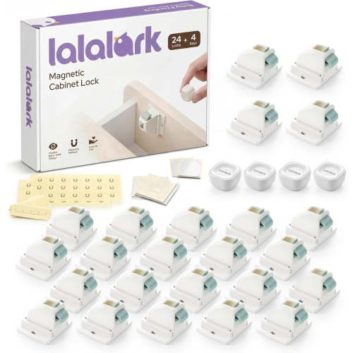 Lalalark 24 Pack Magnetic Cabinet Locks with 4 Keys, Adhesive Child Proof Latches for Baby Safety, Easy Installation No Tools Required for Cabinets, Drawers, and Doors