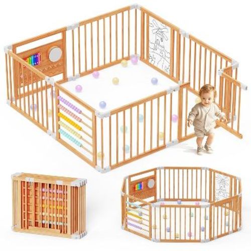 Docred Wooden Baby Playpen,Foldable,Expandable,Adjustable Wood Gate for Infants Toddlers Babies Portable Easy Assembly Fence Area Wood,63''x63''x24''