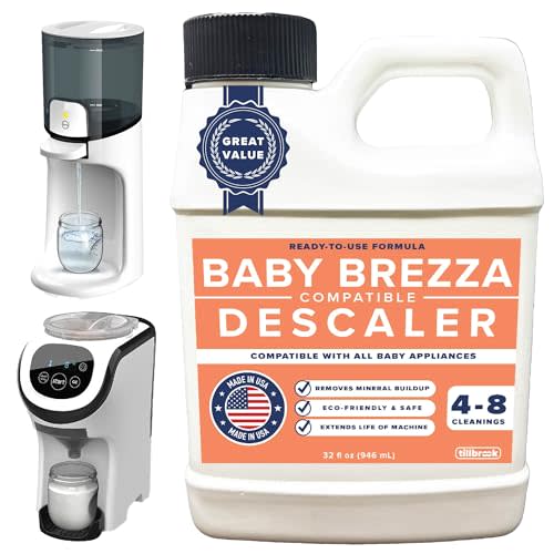 Tillbrook Descaler Compatible with Baby Brezza - 4 to 8 Uses - Descaler for Baby Bottle Dispensers & Washers - 32 oz Universal Cleaning Solution - Safe, All-Natural, Removes Mineral Buildup & Residue