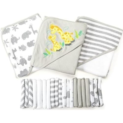 Spasilk 23-Piece Soft Terry Hooded Bath Towel and Washcloth Gift Set, 3 Baby Towels and 20 Baby Washcloths for Unisex Newborn Bath Essentials, Ideal, Gray Giraffe Safari