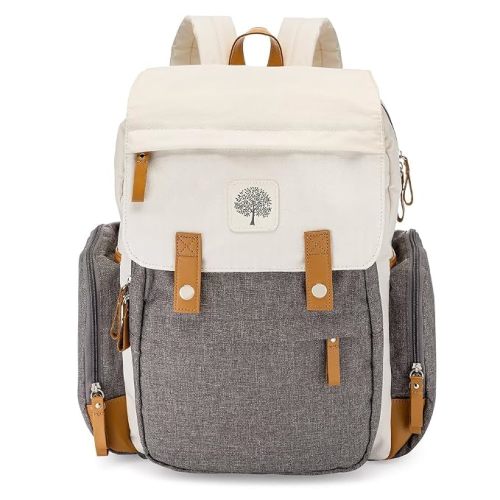 Parker Baby Co. Birch Bag, Birch Diaper Backpack, Insulated Pockets - Cream | Stylish diaper bag backpack with changing pad, stroller straps, 10+ pockets, and organized baby travel storage. 18x14x7"