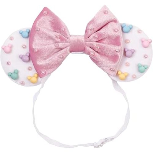 zhezesmila Adjustable Mouse Ears Headband Elastic Candy Velvet Ears with Pearls for Baby Girls, Toddlers and Women