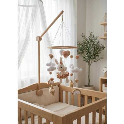 Crochet Bunny Baby Mobile, Neutral Nursery Decor, Wooden Crib Hanging, Handmade Cloud Star Gift