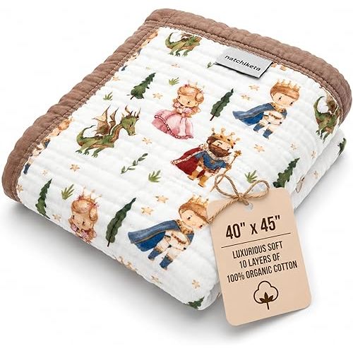Organic Cotton Muslin Baby Blanket for Boys and Girls - Luxurious Soft Toddler Quilt for Swaddling - Gender Neutral Blanket - Baby and Toddler Gift - Princess Dragon Fairy Tale