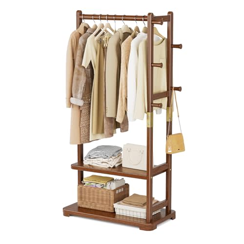 Coat Rack Solid Wood Clothes Rack with 2 Shelves & 4 Hooks for Hanging Clothes Garment Wallets Hats, Clothing Rack Heavy Duty Coat Rack Freestanding with Storage Hall Tree for Hallway Bedroom