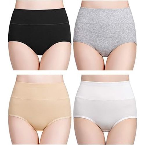 wirarpa Women's Cotton Underwear High Waisted Ladies Panties Full Coverage Briefs 4 Pack (Regular & Plus Size)