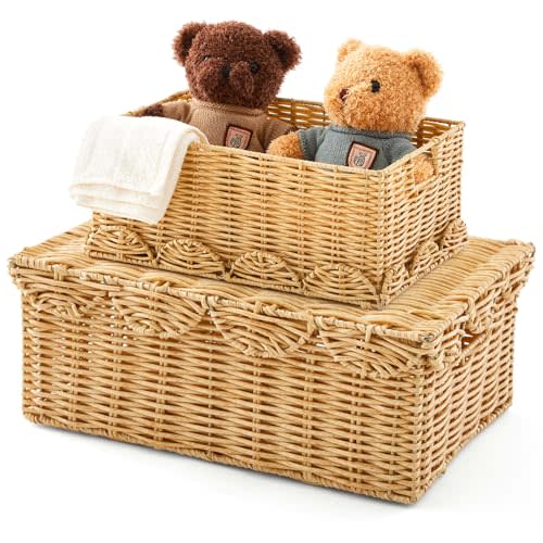 Sintuff 2 Pcs Scalloped Wicker Basket with Lid, Rattan Basket Built-in Handles, Waterproof Woven with Removable Tray Lid for Nursery, Shelf Closet, Bedroom Natural 15 x 10 x 6 Inch & 11 x 8 x 5 Inch