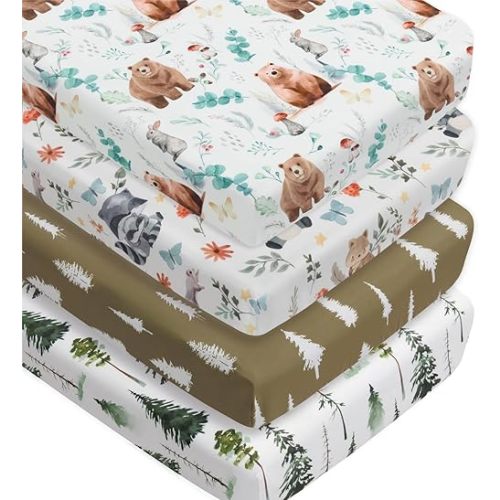 4 Pack Woodland Forest Animals Crib Sheets Neutral Unisex Fitted Baby Mattress Sheet Set for Baby Boys or Girls (Bear)