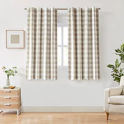 63 Inch Buffalo Plaid Blackout Curtain Panels for Bedroom Living Room,Beige White Farmhouse Gingham Drapes,Thermal Insulated Window Treatment,Rod Pocket Back Tabs,40" Wx63 Lx2