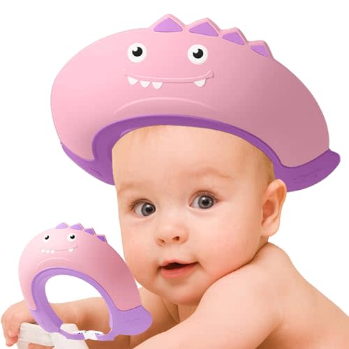 Thcbme Baby Shower Cap Shield, Shower Cap for Kids, Visor Hat for Eye and Ear Protection for 0-9 Years Old Children,Cute Dinosaur shape Makes the Baby Bath More Fun… (Pink)