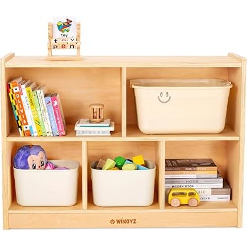 wingyz Wood Storage Shelf Organizer, 35.4" L, 5-Section Montessori Kids Toy & Book Shelf, Wooden Cabinet for Kids Rooms, Playroom, Classroom, Nursery, Preschool Furniture - Nature