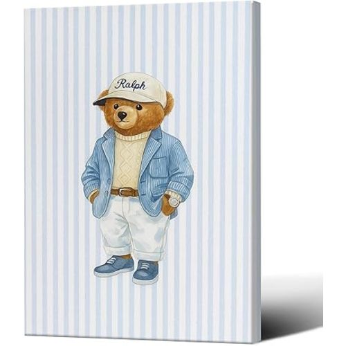 Funny Baseball Cap Suit Teddy Bear Poster Minimalist Animal Pictures Wall Art Canvas Printed Posters For Home Bedroom Dorm Bathroom Wall Decor 12X18 in Unframed-Canvas Rolled Up