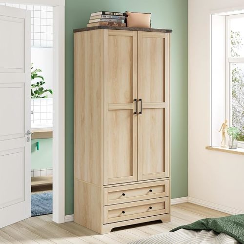 71" Wooden Armoire Wardrobe Closet - Modern Functional Clothes Tall Storage Cabinet with Adjustable Shelf and Hanging Rail, Sturdy Freestanding Closet Wardrobe with 2 Wide Drawers (Natural)