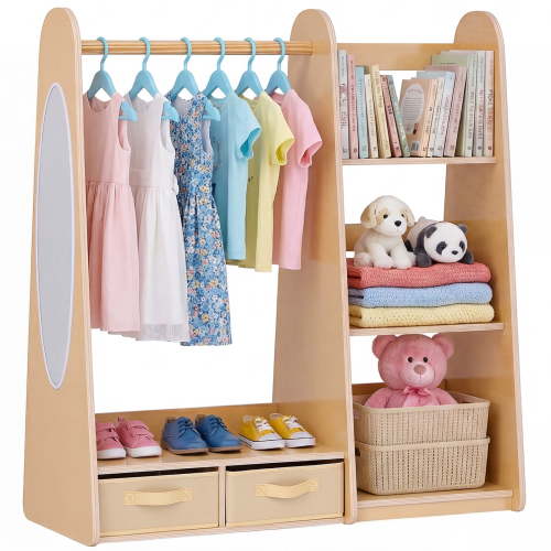 VEVOR Almacenamiento para Disfraces de Niños, con Espejo, Clóset para Disfraces, Armario para Niñas Pequeñas, Armario con Estantes y Bandeja Inferior, Organizador de Disfraces, Muebles para Habitación de Niños Pequeños, para Dormitorio, Natural
