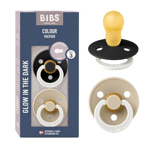 BIBS Pacifiers Colour Collection | Natural Rubber Baby Pacifier | Set of 2 BPA-Free Soothers | Made in Denmark | 18+ Months (Pack of 2) | Black Glow/Vanilla Glow | Natural Rubber | Size 3 | BPA-Free | Made in Denmark | Glow Handle | High Nipple Accepta...