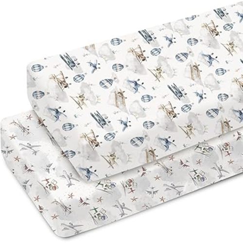 Vintage Planes Airplanes Helicopters Baby Crib Sheets for Boy Girl 52"x28" Hot Air Balloon Plane Clouds Sky Soft Snug Fitted Crib Mattress Cover Baby Sheet for Standard Crib & Toddler Mattress 2 Pack