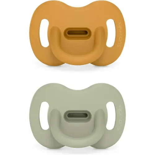Color Essence SX PRO Silicone Baby Pacifier 2Pk, Made with 100% Soft Silicone, Baby Essentials Perfect for Breastfeeding Babies, Designed in Spain, 0-6 Mths, Mustard/Green