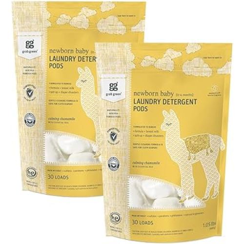 Grab Green Newborn Baby Laundry Detergent Pods, 60 Count, Calming Chamomile Scent, Plant and Mineral Based, Formulated to Tackle Newborn (0-4 Months) Laundry Stains
