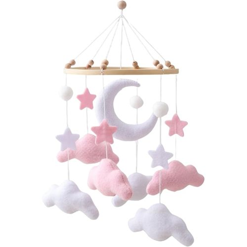 Gray Pink White Cloud Moon Themed Nursery Mobile,Crib Mobile for Baby Boys Girls,Handmade Baby Mobile,Adjustable Cotton Felt Soft Ceiling Mobile,Baby Shower Gifts for New Moms (Pink)