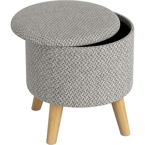 HOMCOM Round Storage Ottoman, Linen Fabric Footstool with Removable Top, Padded Seat, Small Foot Rest with Hidden Space and Wooden Legs for Living Room, Light Gray