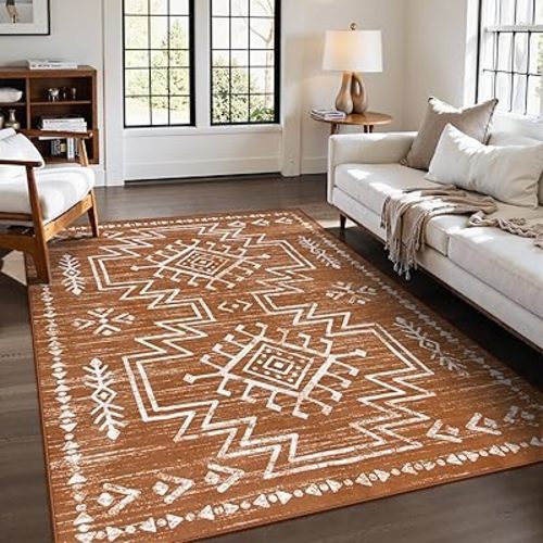 Lahome 5x7 Boho Rugs for Living Room, Washable Bedroom Western Area Rug, Low Pile Soft Burnt Orange Carpet, Stain Resistant Distressed Aztec Carpets for Dining Room