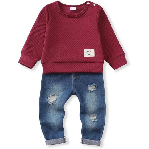 NZRVAWS Toddler Baby Boy Clothes Pullover Sweater Ripped Jean Sweatsuit Little Boy Outfit Fall Winter Clothing Set 6M-7T