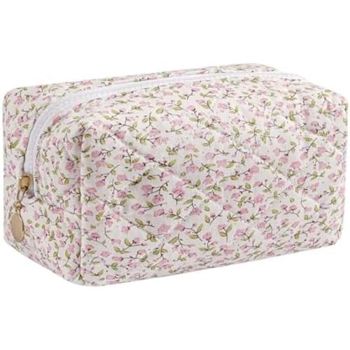 Makeup Bag Travel Cosmetic Bag for Women Girls, Zipper Make Up Pouch, Floral Flowers Toiletry Organizer Makeup, Portable Storage Cosmetic Travel Cloth Bag (Pink Floral)
