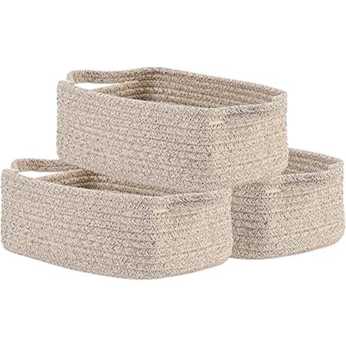 KALLAX Small Woven Basket, 12 x 8 x 4.5 Inches, Small Storage Baskets for Organizing, Gift Baskets Empty, Cute Rope Shelf Closet Storage Bins for Shelves, Dog Toy Basket, 3 Packs, Mixed Brown
