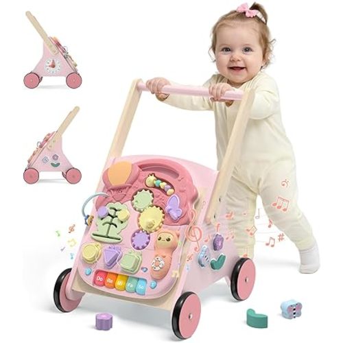Wooden Baby Push Walker, 10-in-1 Baby Walker Toys with Wheels for Toddlers 18 Months, Detachable Montessori Activity Board Toy & Storage for 1 Year Old Boys Girls Learning to Walk
