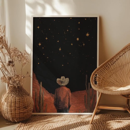 Retro Cowboy Stargazing Wall Art Poster or Canvas Print, Vintage Western Night Sky Print, Mystical Celestial Desert, Wild West Home Decor