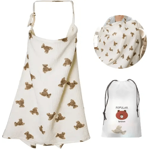 Couverture d'allaitement en mousseline pour bébé - Couverture de poussette - Couverture à 360° - Respirante et légère - Pour protection de l'intimité - KAMHBE (ours)