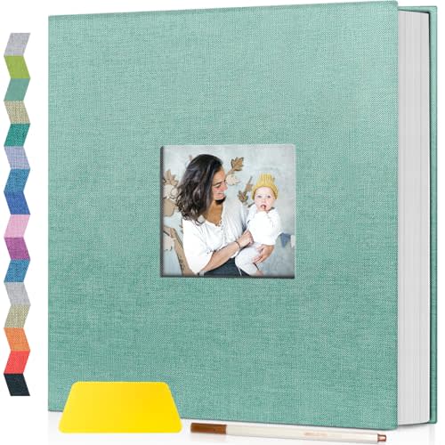 Popotop Photo Album Self Adhesive with Picture Display Window,60 Pages DIY Scrapbooking Supplies Kit for 4x6 8x10 Picture,Linen Cover Memory Book for Baby Wedding, with Scraper and Metallic Pen