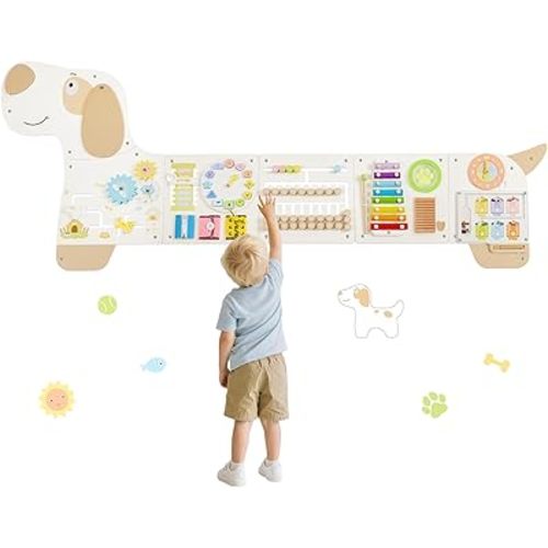 Wooden Dog Wall Busy Board Panels, Sensory Wall Busy Board for Toddlers 1-3, Montessori Learning Activity Center, Educational Toys for for Kids Room, Preschool & Daycare