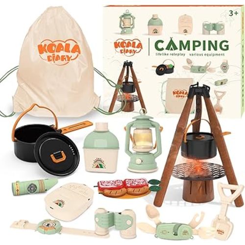 Kids Camping Toys Set - Pretend Play Camping Set with Food Toy, Spray Stove, Oil Lantern, Binoculars, Compass, Tableware, Watch & Storage Bag, Birthday for Ages 3+