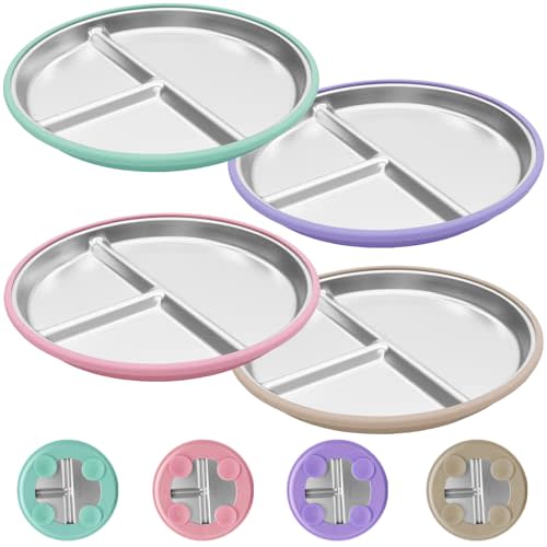 JVEOO Stainless Steel Baby Plates with Suction, 4 Pack Kids Toddler Plates Set with Sturdy Silicone Suction Base Easy to Clean 9"