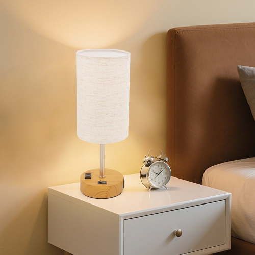 Dimmable Table Lamps with USB Charging Ports & AC Outlet, 3-Way Touch Control Bedside Nightstand Lamps, Wood/Metal Base, Modern Desk Lamps for Bedroom, Living Room, Office, Bulbs Included (1/2 Pack)