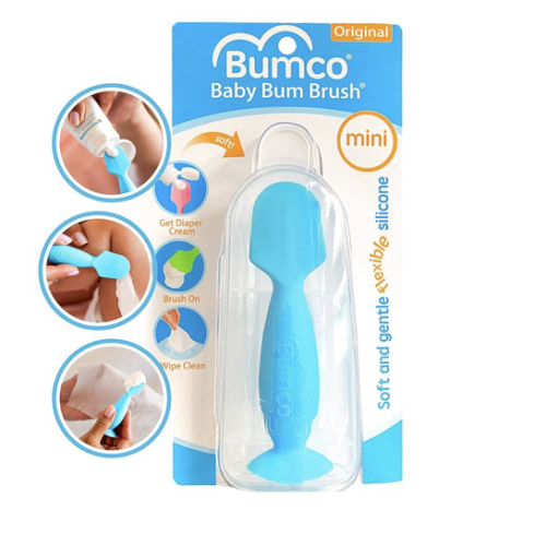 Bumco Mini Baby Diaper Cream Spatula with Case - BPA-Free Silicone Diaper Spatula with Suction Cup, Wipe-Clean Baby Bum Brush, Mom-Invented Butt Paste Applicator (Blue)
