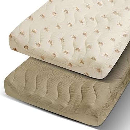 2 Pack Muslin Changing Pad Cover, Cotton Quilted Top Baby Changing Table Pad Covers, Soft Breathable Boho Changing Pad Sheets Fit for Standard Changing Pad 16" x 32" (Rainbow & Sand)
