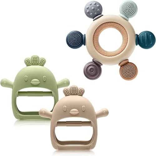 TOHIBEE Baby Sensory Teething Ring + Baby Teething Mitten for 0-6 6-12 Months