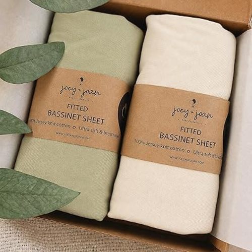 Joey + Joan Bassinet Fitted Sheets 33x20 for Baby Beside Dreamer Bassinet & Bedside Sleeper – Buttery Soft 100% Cotton – Green + Ivory – 2 Pack