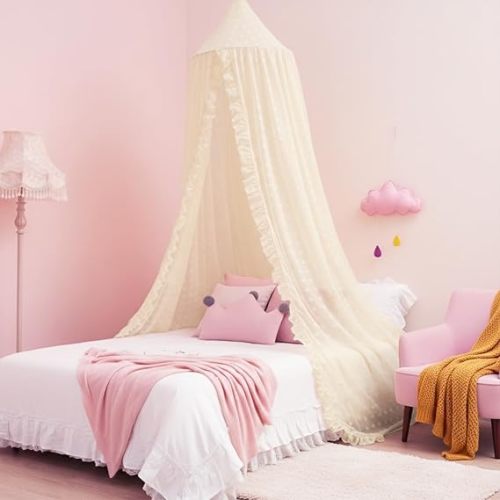 Mengesi Bed Canopy with Pom Pom- Lace Chiffon Canopy Bed Curtains, Ruffles Princess Reading Nook Play Tent for Girls Room (Ivory)