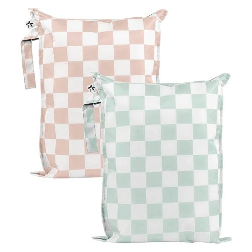 Tiny Twinkle Mess Proof Wet Bags | 2-Pack Reusable Waterproof Wet Bags for Swimsuits | Baby Clothes | Travel & Diaper Bag (Unisex Checkers)
