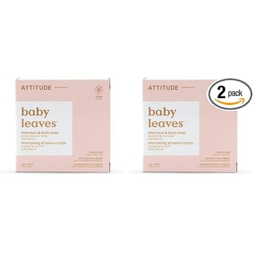 ATTITUDE Baby Plastic-Free Shampoo and Body Soap Bar, EWG Verified, Dermatologically Tested, Vegan, Unscented, 3 Ounces (Pack of 2)