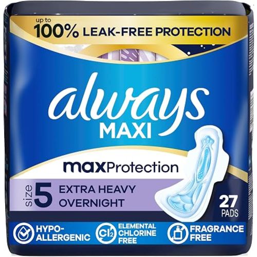 Always Maxi Overnight Feminine Pads with Wings for Women, Size 5, Extra Heavy Overnight Absorbency, Unscented, Up to 100% Leak-Free Protection, 27 Count