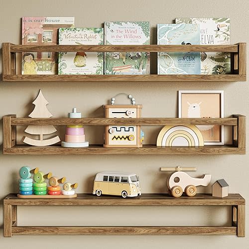Upgraded Thick Floating Shelves - 24 Inch Multi-Use Wall-Mounted Bookshelves for Kids and Nursery, Ideal for Books, Toy, Spice Rack, Decor - Walnut Brown