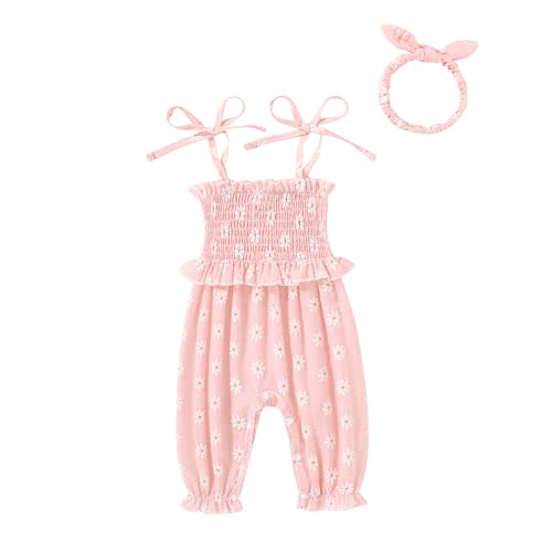 YOUNGER TREE Newborn Baby Girl Clothes Summer Sleeveless Smocked Romper with Headband Toddler Jumpsuit Outfits